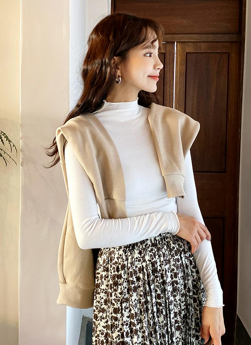 【全品10%OFF】ウェーブハーフネックTシャツ・全3色 e57067 レディース【tops】【韓国 ファッション トップス ハイネックロールネック カットオフネック シンプル トップス スリムTシャツ モックネック シンプル ベーシックTシャツ　ウェーブネック パステル 秋 冬】