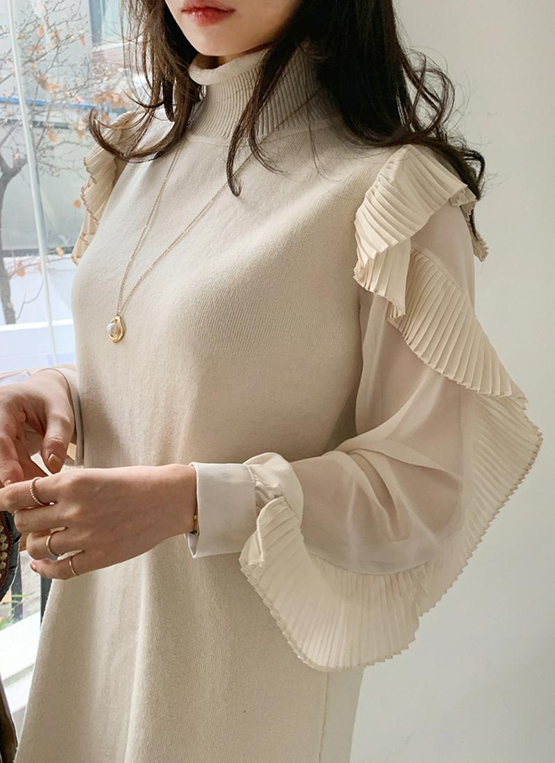 プリーツスリーブニットワンピース・全2色