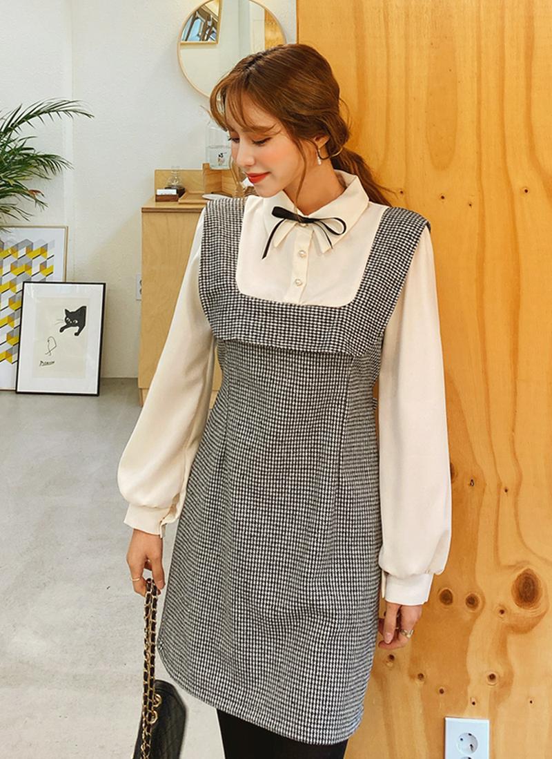 リボン付ハウンドトゥース配色ワンピース