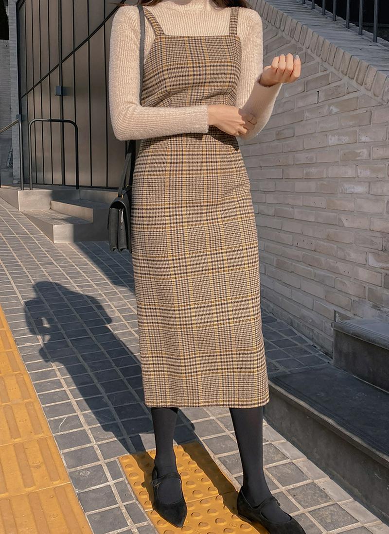 スリットチェックワンピース