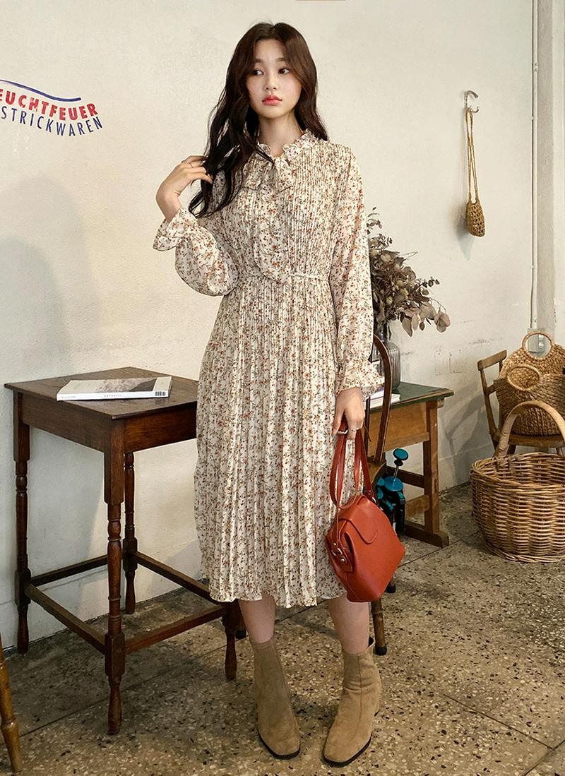 ストラップ付リボン花柄ワンピース・全2色