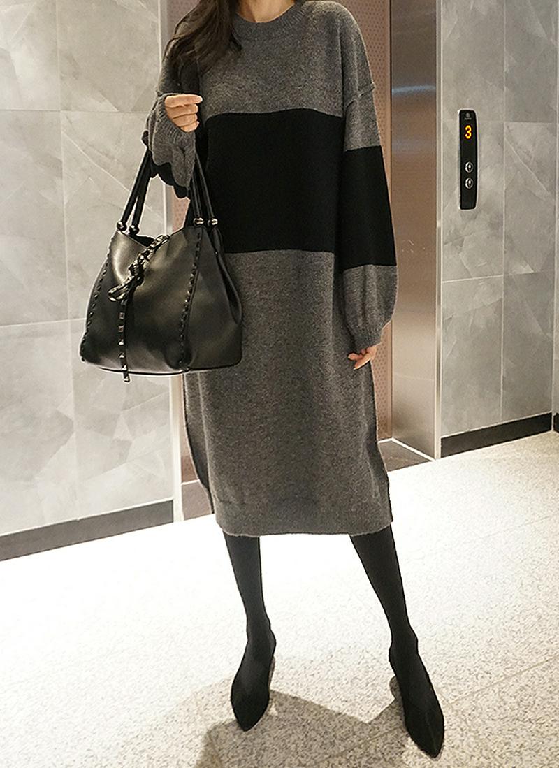 配色ウールブレンドニットワンピース