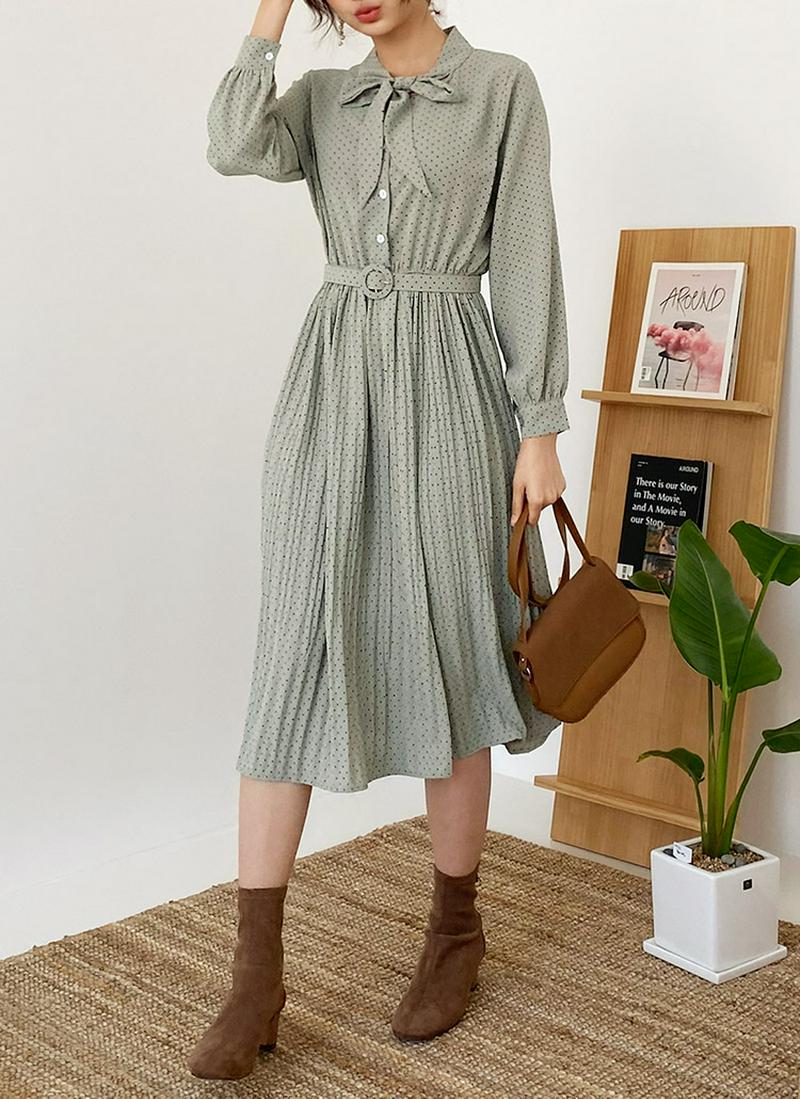 ベルト付リボンプリーツドットワンピース・全3色
