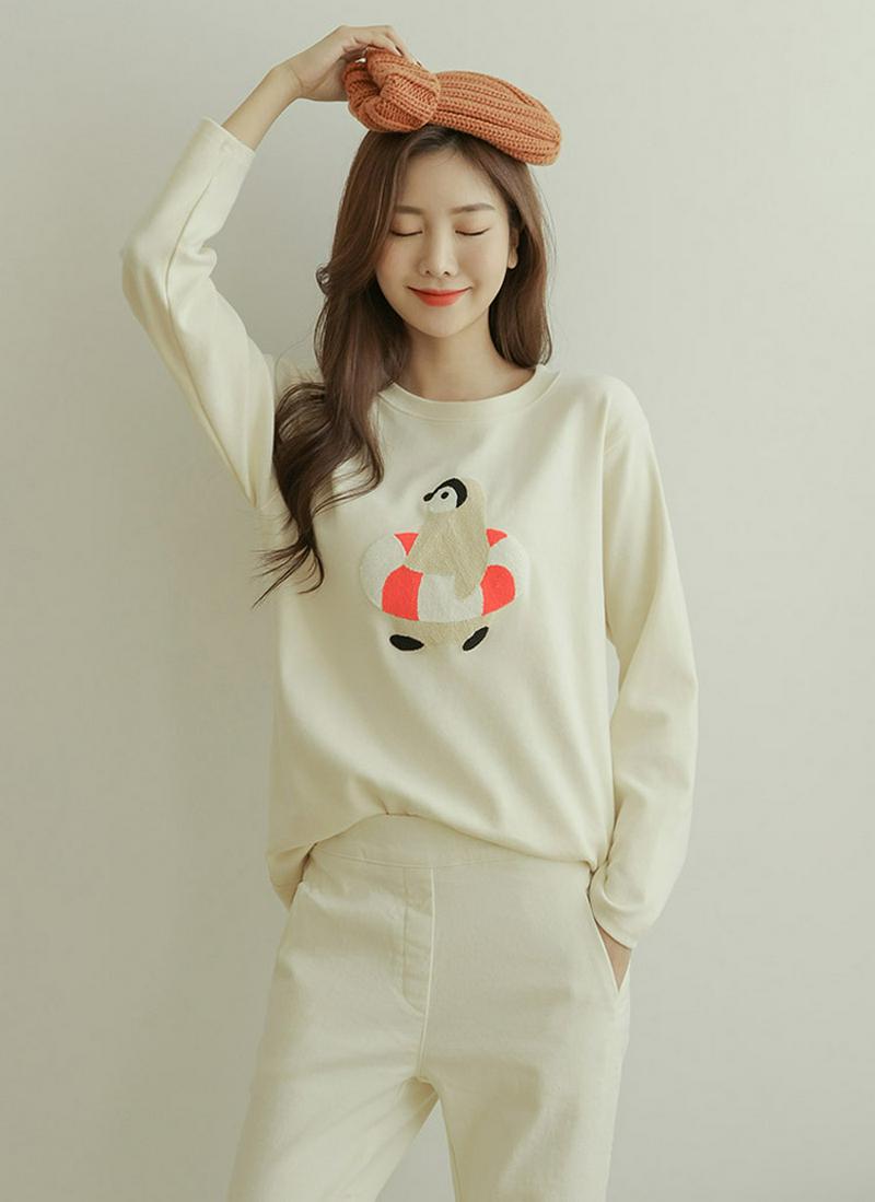 ペンギン刺繍ピーチ起毛Tシャツ