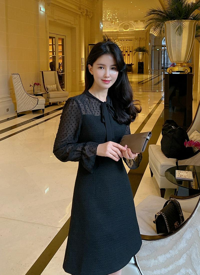 ドットシースルーツイードワンピース