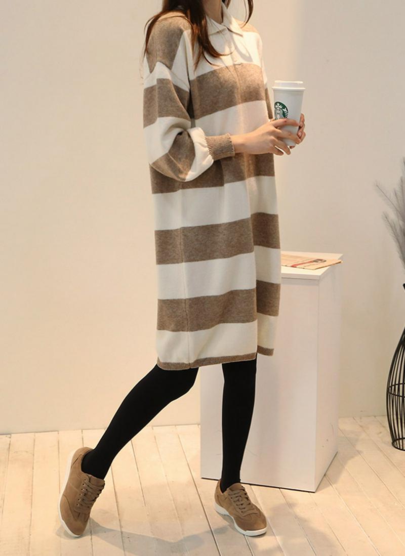 ウール混ポロカラーボーダーニットワンピース