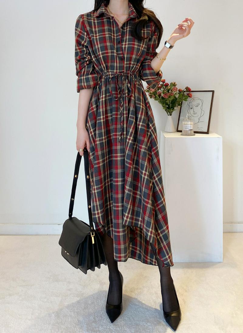 アンバランスヘムチェックワンピース