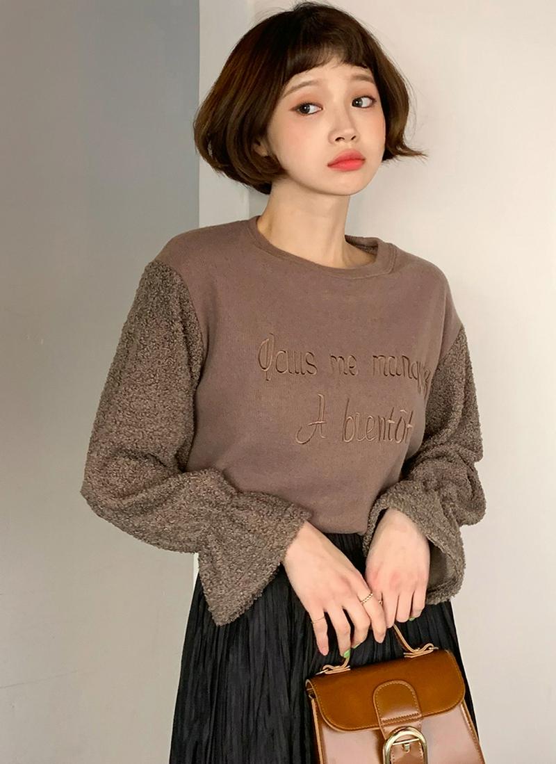起毛ファースリーブ刺繍Tシャツ・全3色