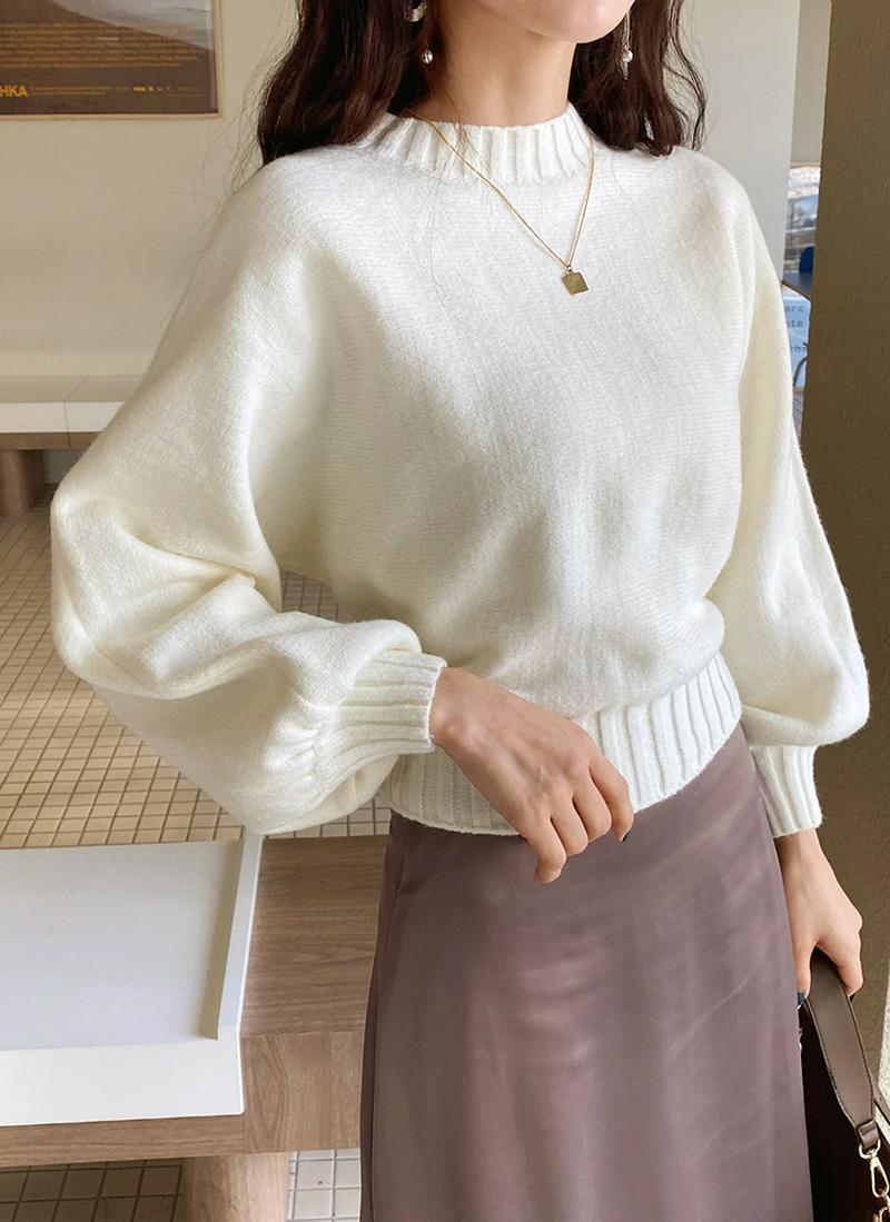 リボンパフスリーブニット・全4色 t54519 レディース【tops】 トップス ニット モックネック ハイネック ハーフネック カジュアル カジュアルニット パフスリーブ ニットコーデ シンプル ショート丈 リブニット リブネック 春 冬