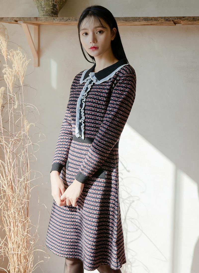 配色ラッフルニットワンピース