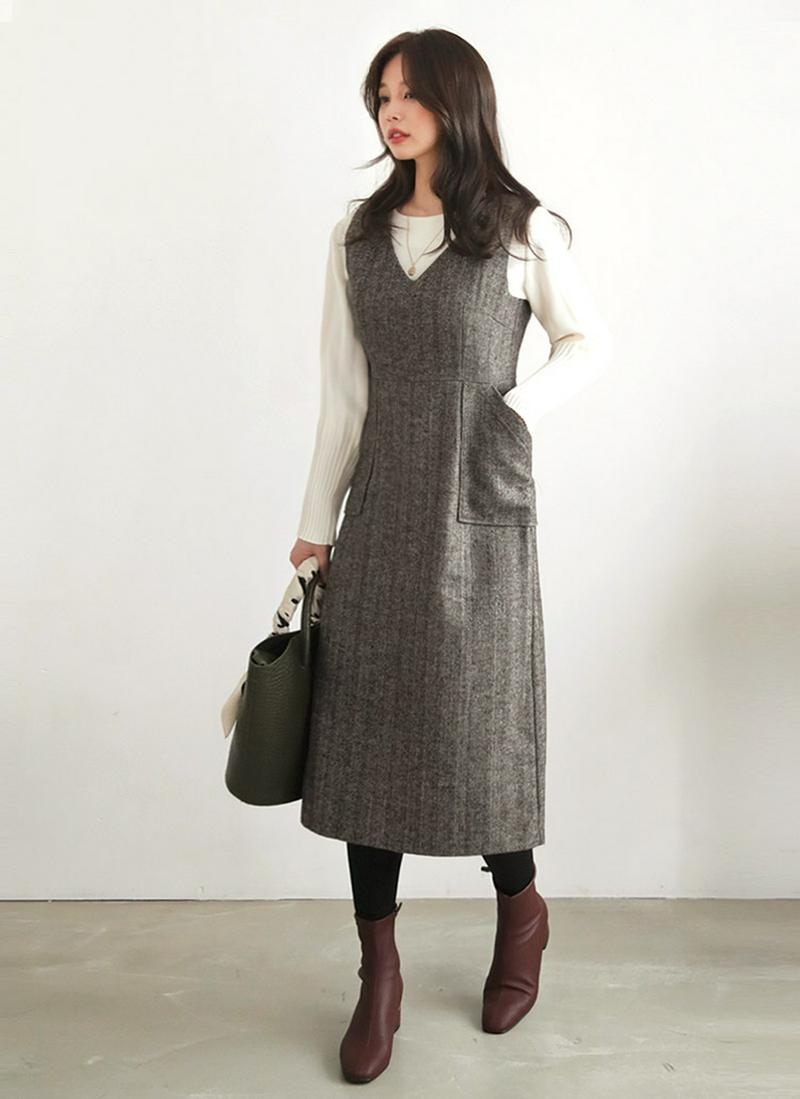 Vネックヘリンボーンワンピース・全2色