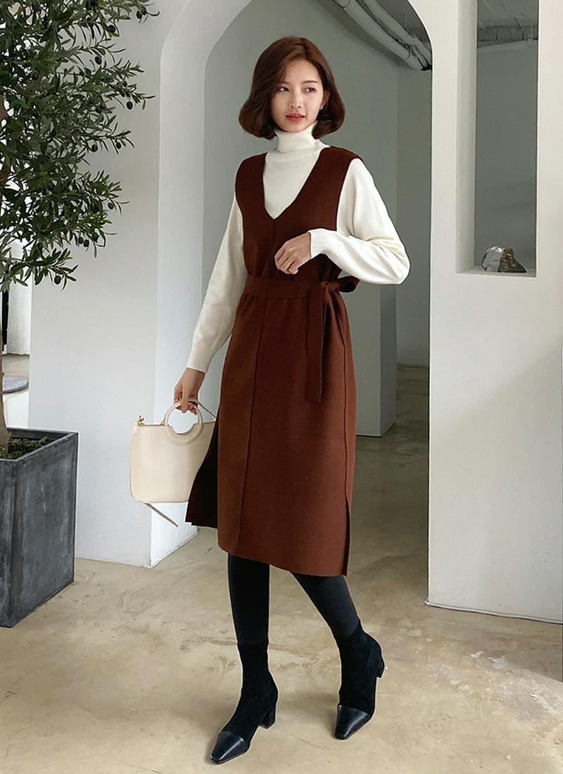 ストラップ付Vネックワンピース・全3色