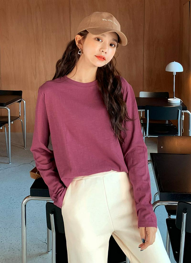 【スーパーセール特価】≪人気商品再入荷≫ラウンドネックTシャツ・全7色・b55046 レディース 【tops】 トップス Tシャツ ラウンドネック 長袖 ベーシック デイリー 無地 ゆったり ルーズ インナー ベイクド カラー カラバリ カジュアル 秋冬