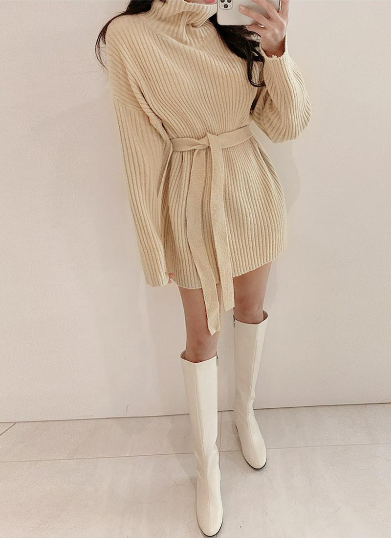 タートルネックリブニットミニワンピース