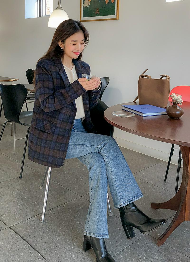 ウール混チェック柄シングルジャケット