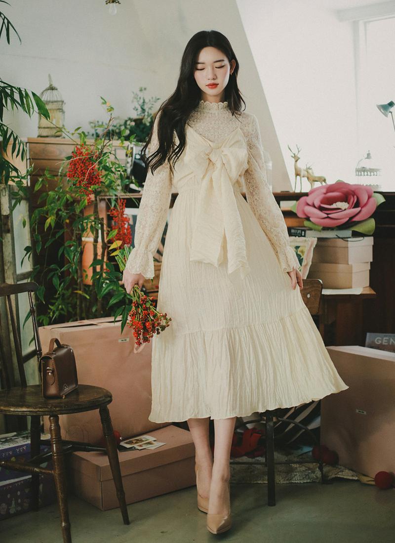 フロントリボンリンクルワンピース