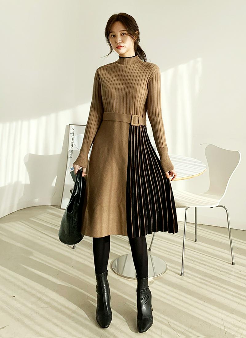 ベルト付配色ニットワンピース・全2色