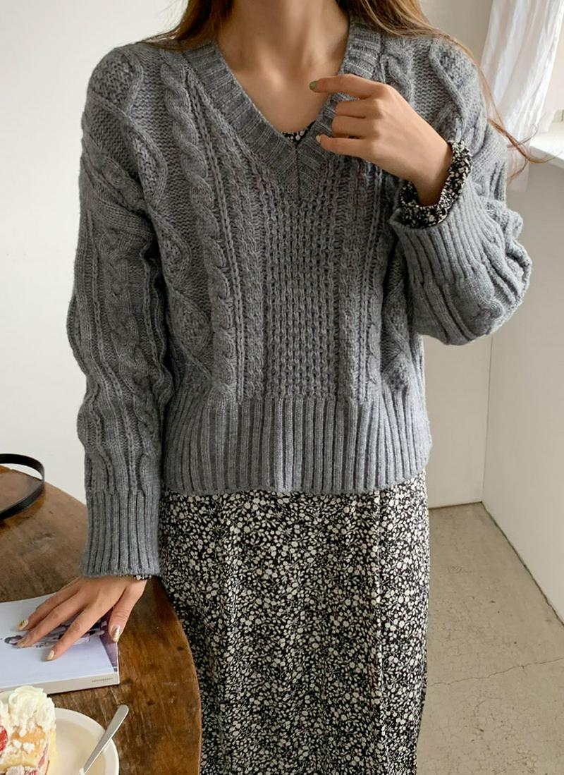 Vネックマルチケーブルニット