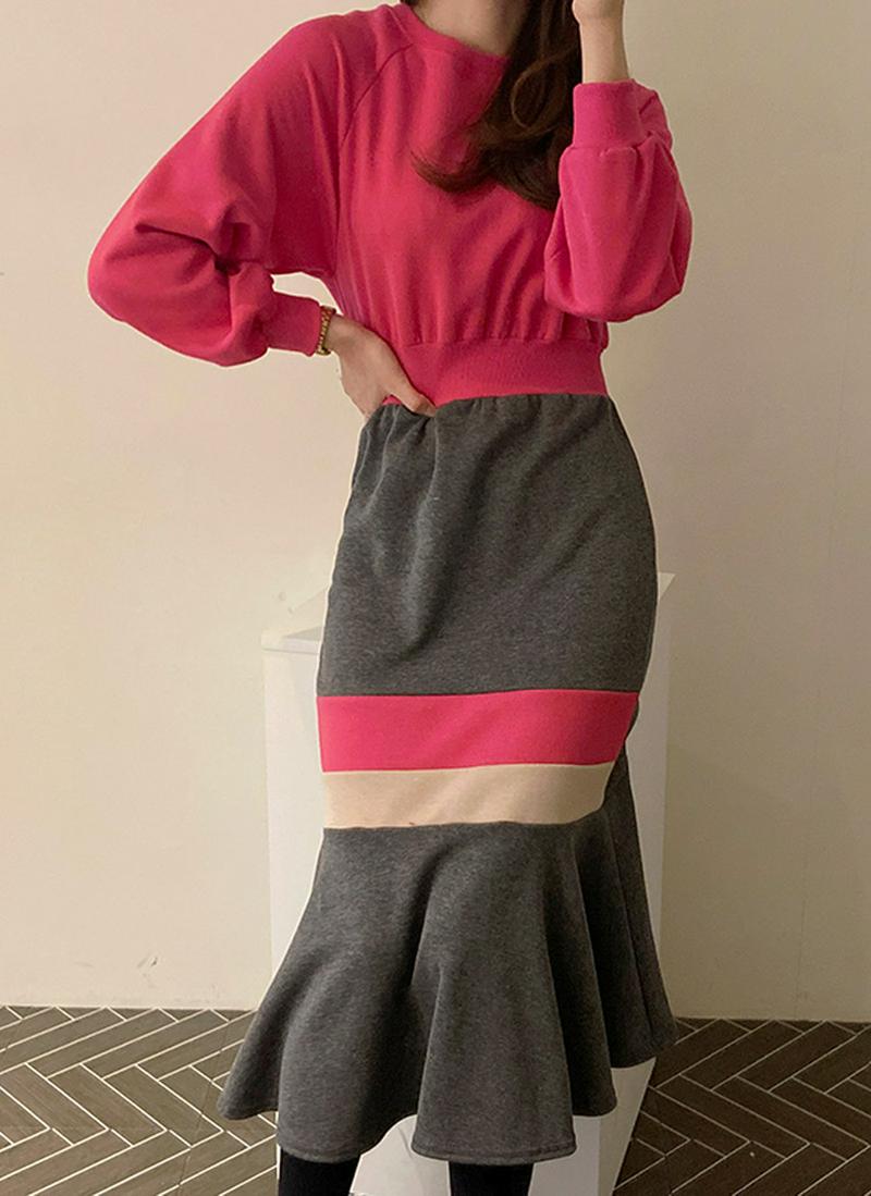 裏起毛カラーブロックフリルワンピース