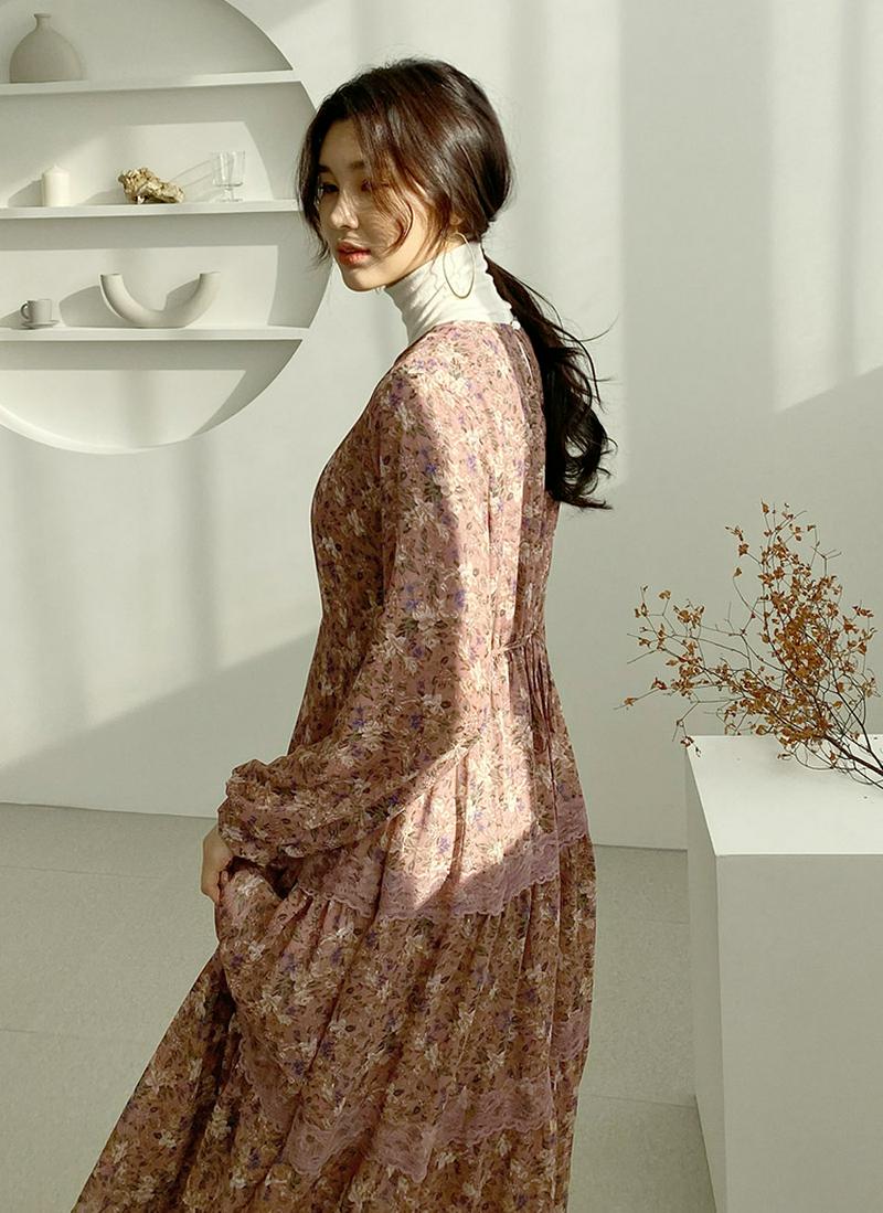 レースライン花柄ワンピース・全3色