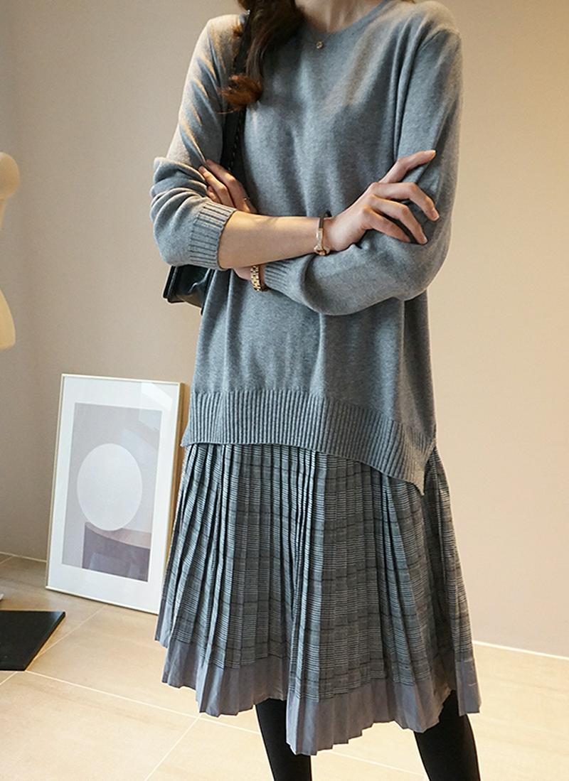 ラウンドニットプリーツチェックワンピース