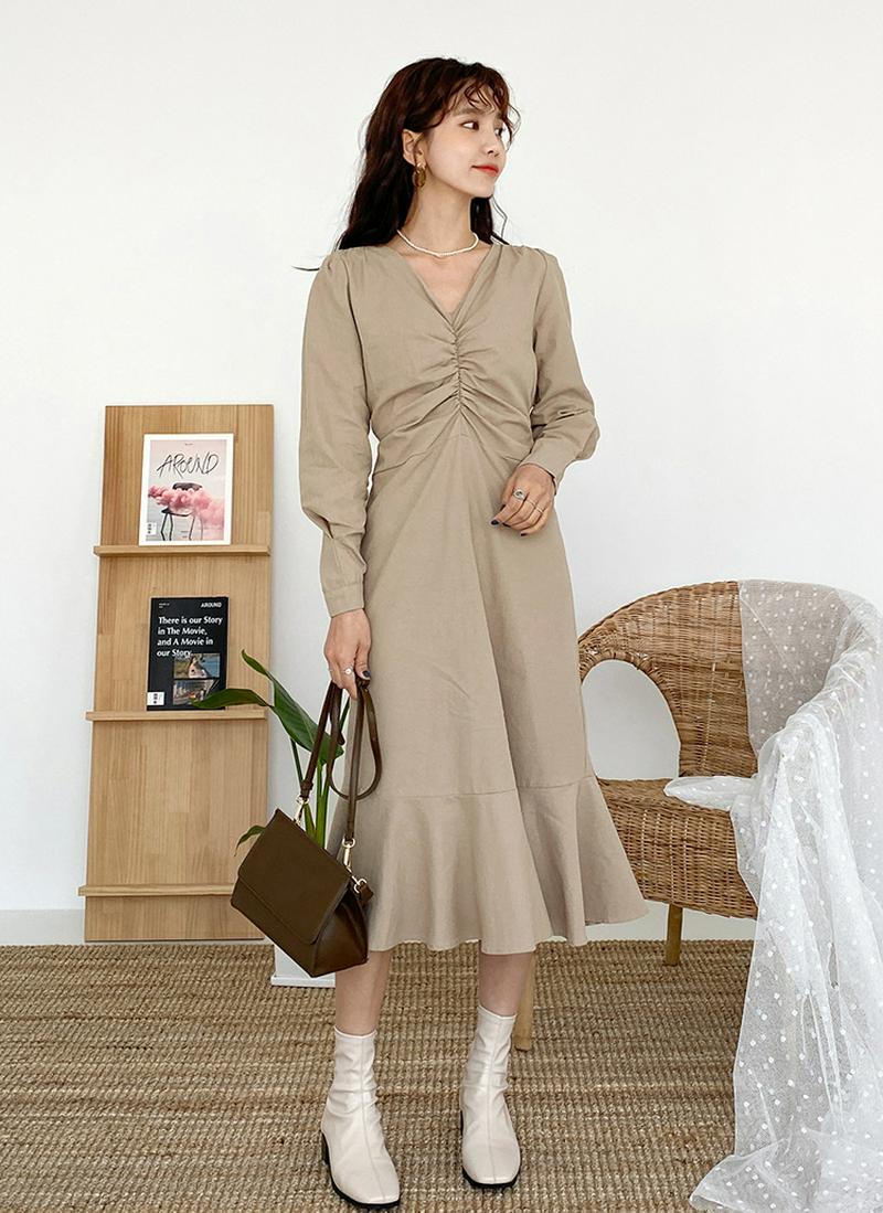 ギャザーVネックワンピース・全3色