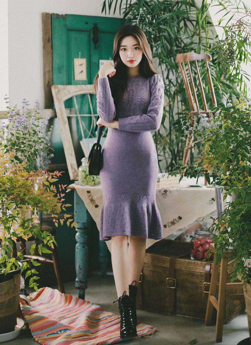 フレアヘムパターンニットワンピース