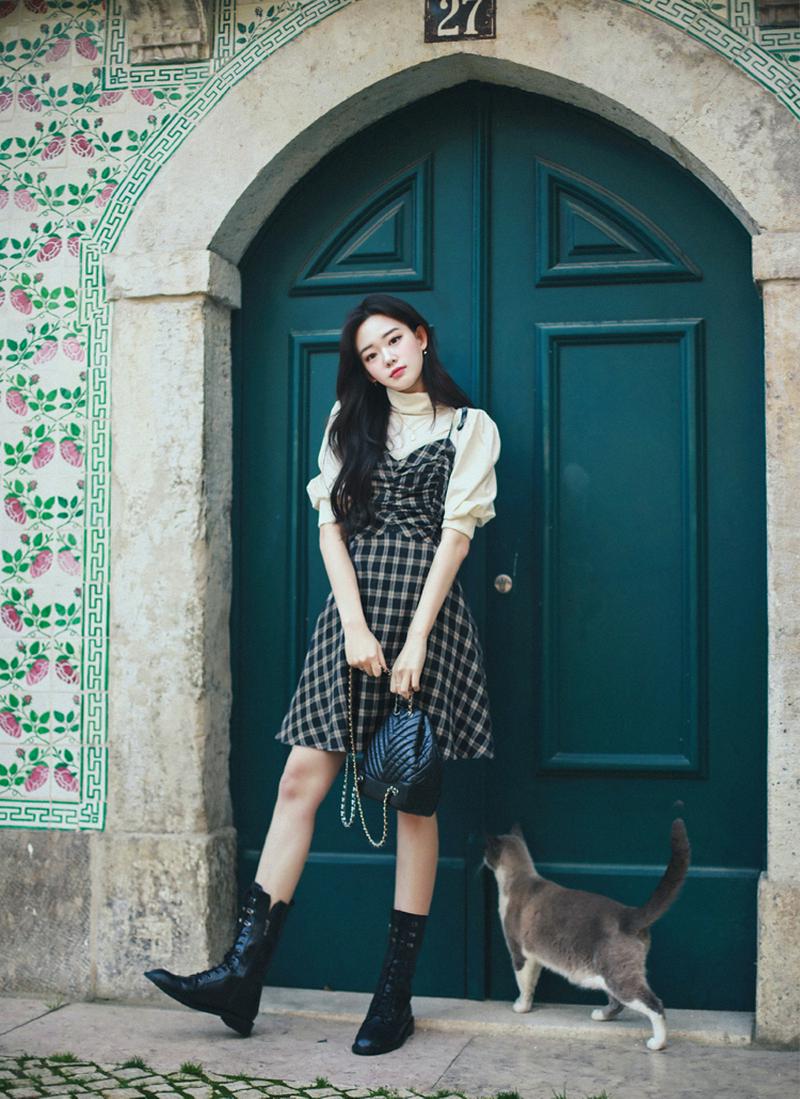 ギャザーチェックキャミワンピース