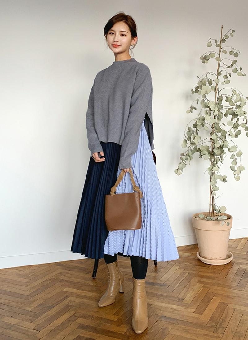 ニット&プリーツワンピースSET・全2色