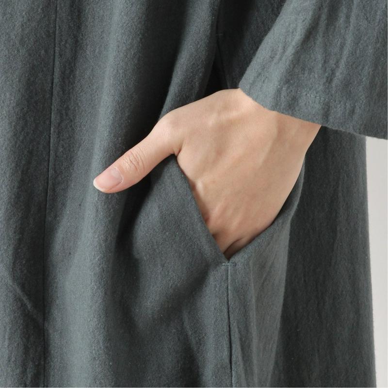 コットンリネン素材の起毛前開きワンピース