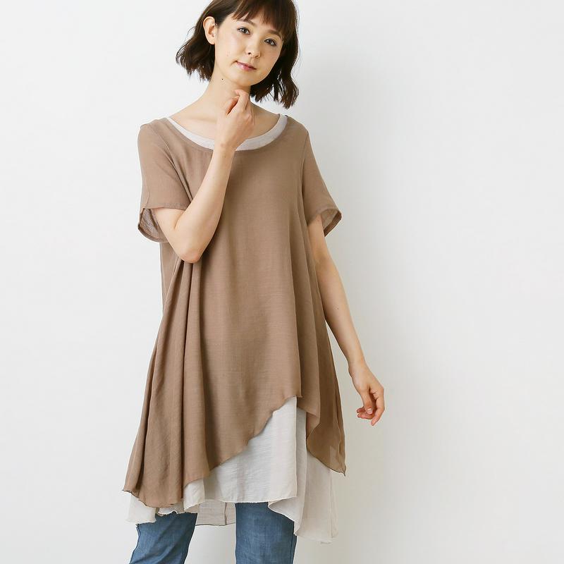 さらりとした肌触りの重ね着風レイヤードチュニック（manoamano／マノアマノ）