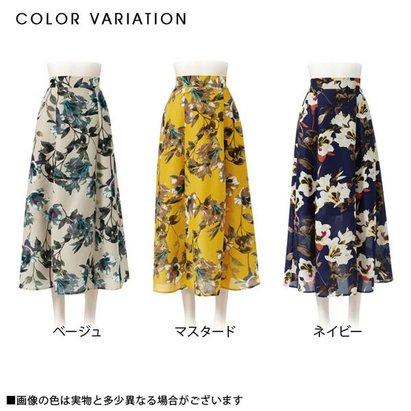 【残り3 現品限り】スカート リネンライク 花柄 フレア マキシ 夏 ロング フレアースカート 可愛い ベージュ マスタード ネイビー M L レディース 夢展望 【11_SALE】