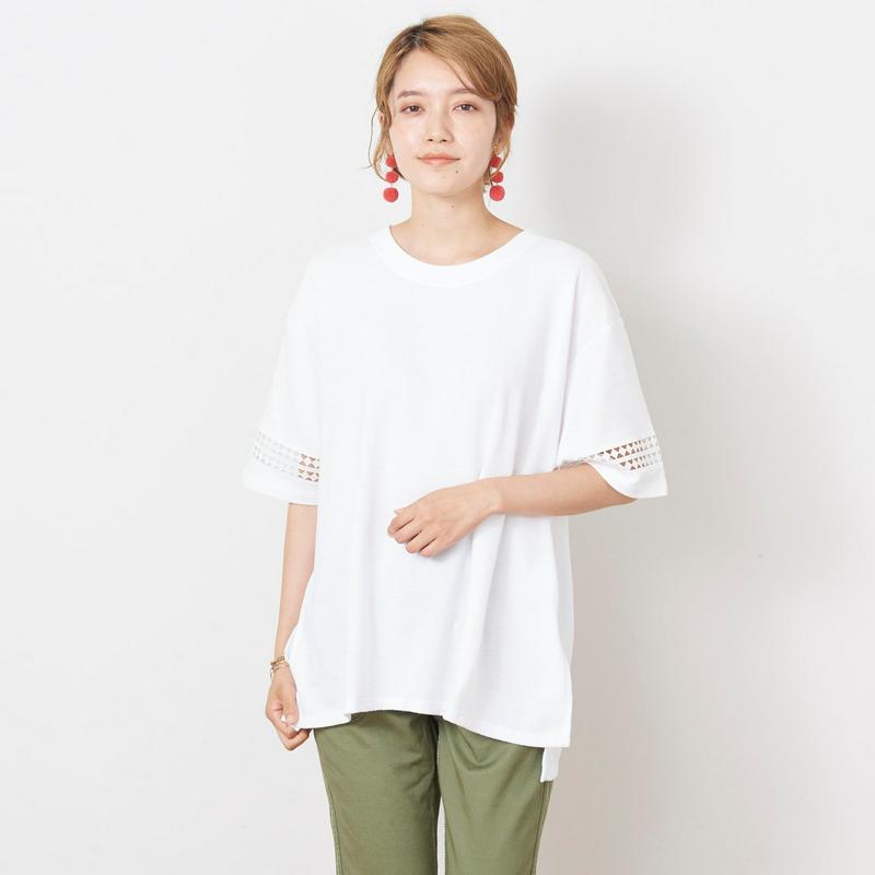 ミニ裏毛袖レース切替半袖Ｔシャツ【Ｍ～３Ｌ】