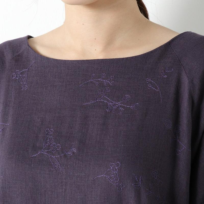 リネンレーヨン素材の草花刺繍袖バルーンワンピース（manoamano／マノアマノ）