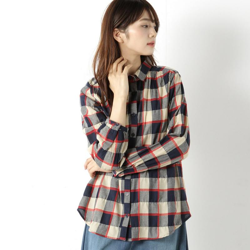 肩ギャザーでゆったりシルエット◎チェック柄長袖シャツチュニック