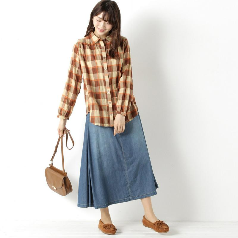 肩ギャザーでゆったりシルエット◎チェック柄長袖シャツチュニック