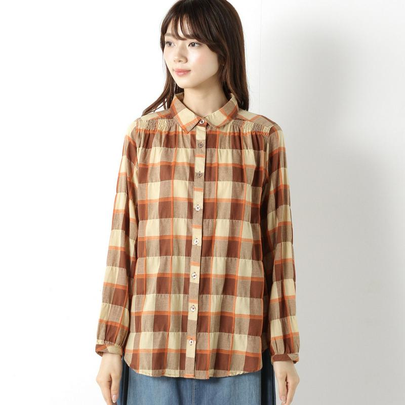 肩ギャザーでゆったりシルエット◎チェック柄長袖シャツチュニック