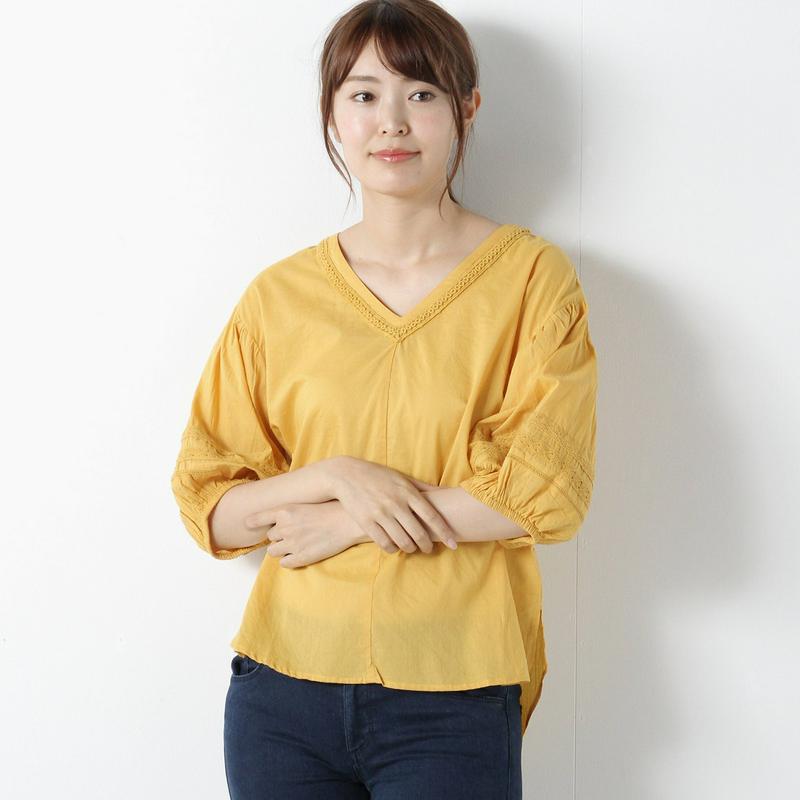 【３／２５（水）で販売終了】Ｖネックハシゴレースブラウス【Ｍ～４Ｌ】
