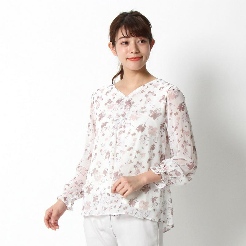 【３／２５（水）で販売終了】カットソー使いフラワープリントＶネックブラウス