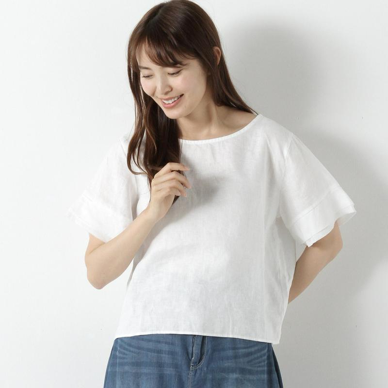 リネン１００％　袖フリルプルオーバー