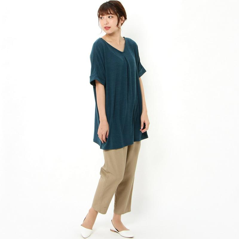 【大人気シリーズ】Ｖネックタック使い半袖チュニック【Ｍ～３Ｌ】