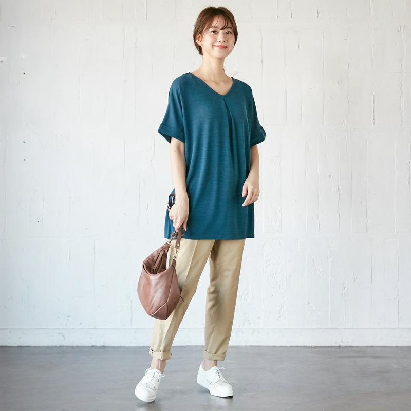 【大人気シリーズ】Ｖネックタック使い半袖チュニック【Ｍ～３Ｌ】