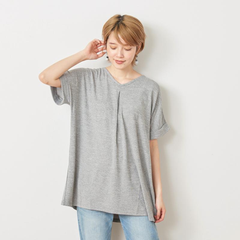 【大人気シリーズ】Ｖネックタック使い半袖チュニック【Ｍ～３Ｌ】
