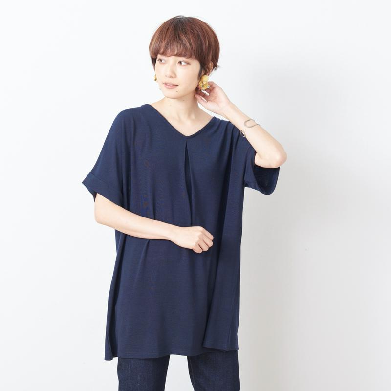 【大人気シリーズ】Ｖネックタック使い半袖チュニック【Ｍ～３Ｌ】