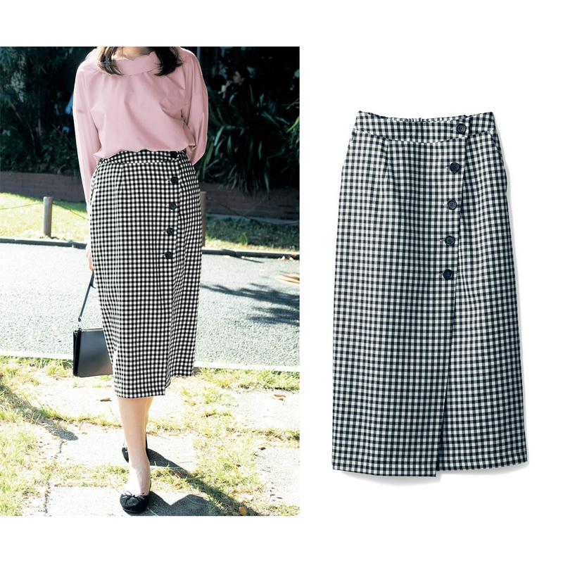 【ＳＴＹＬＥ　ＳＮＡＰコラボチラシ掲載】ギンガムチェック柄ラップ風ボタン使いスカート