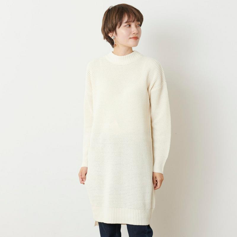 ワッフル編みニットハイネックワンピース