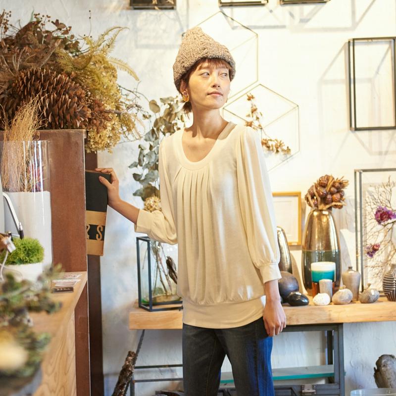 大人気シリーズ☆お尻の隠れる丈のタックチュニック７分袖カットソー【Ｍ～３Ｌ】