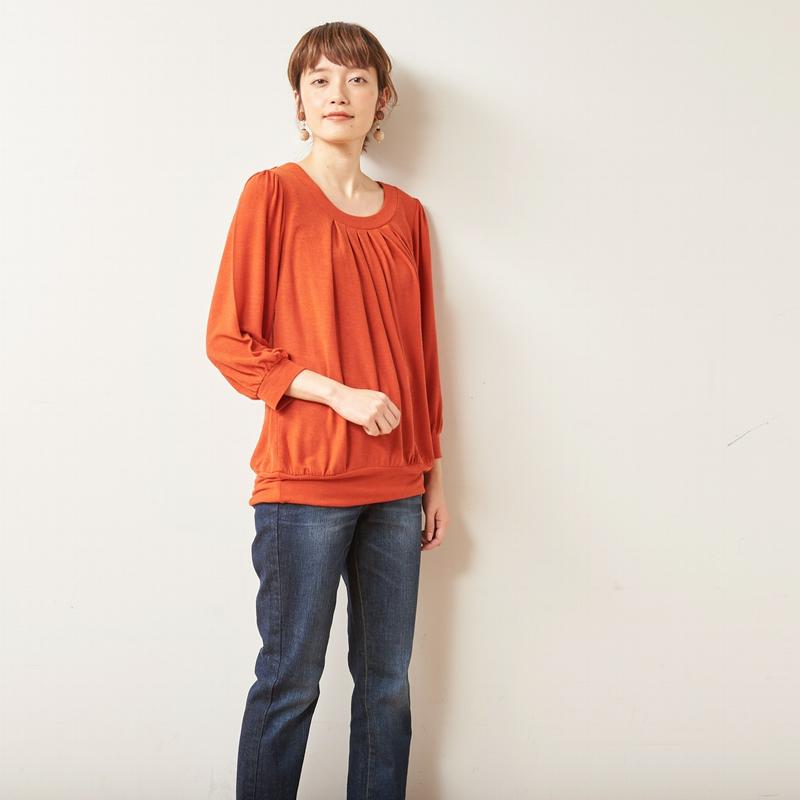大人気シリーズ☆お尻の隠れる丈のタックチュニック７分袖カットソー【Ｍ～３Ｌ】