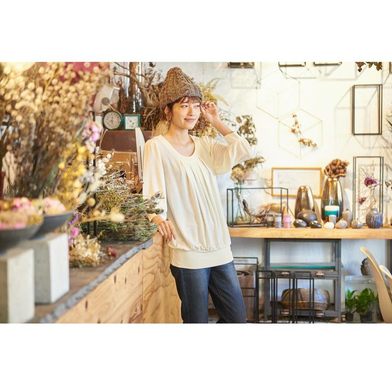 大人気シリーズ☆お尻の隠れる丈のタックチュニック７分袖カットソー【Ｍ～３Ｌ】