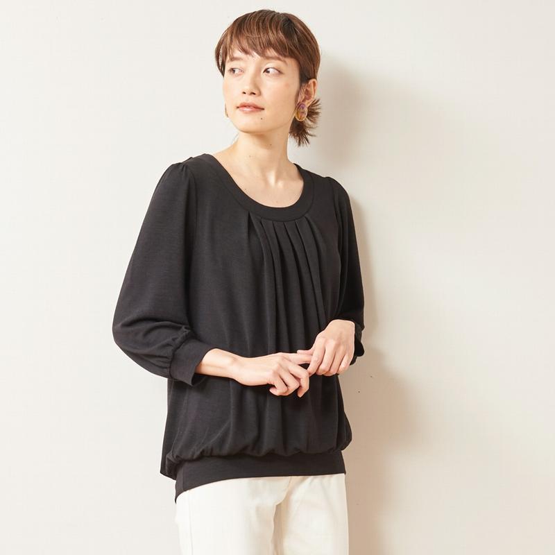 大人気シリーズ☆お尻の隠れる丈のタックチュニック７分袖カットソー【Ｍ～３Ｌ】